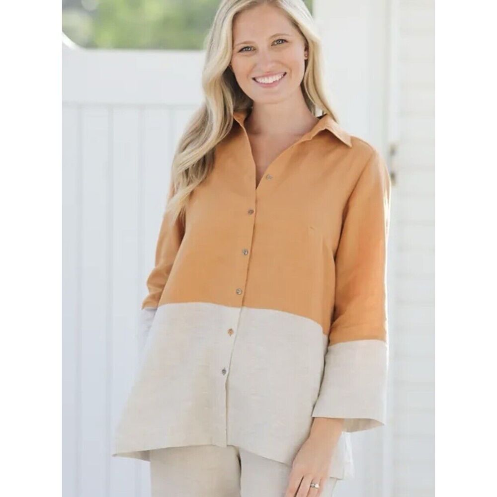 I Linen Lifestyle Classic Button Down Two Tone Caramel Natural Side Pocket Small